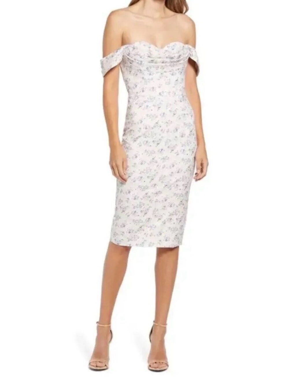 Lavish Alice Off-Shoulder Floral Sheath Dress in White